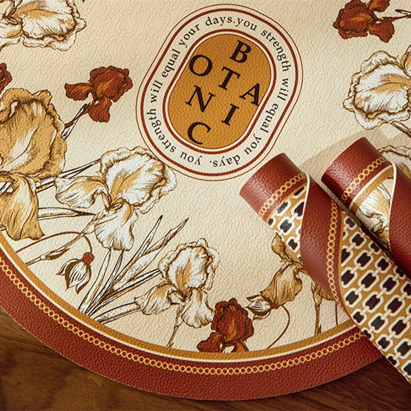 tapis table rond protection anti dérapante pvc respectueux environnement beige marron fleurs stylisées élégant