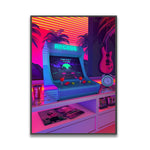 Une scène rétro-futuriste colorée d'un arcade vidéo avec un jeu à l'écran, entouré de palmiers, d'une guitare électrique, d'un horloge et d'autres éléments décoratifs évoquant les années 80.
