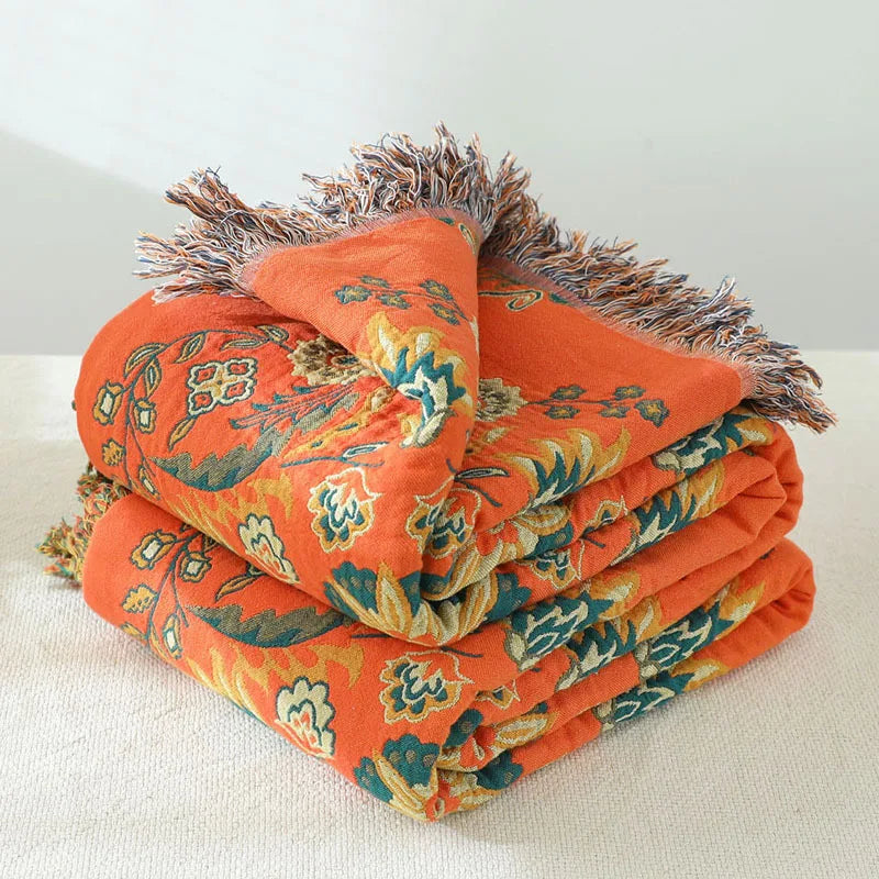 couverture coton fleur boho chic printemps automne portable qualité adulte voyage maison orange vert
