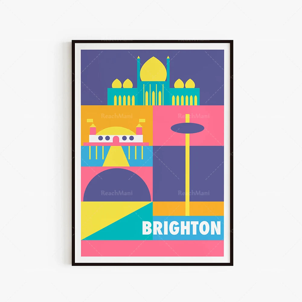 Affiche colorée et géométrique représentant les points d'intérêt emblématiques de la ville de Brighton, avec des formes géométriques, des couleurs vives et le titre "BRIGHTON" en grand.