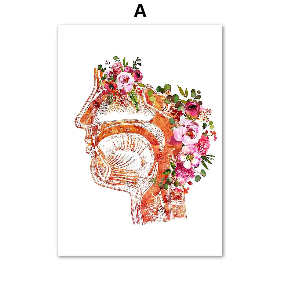 Une représentation anatomique en coupe transversale de la tête colorée de manière florale et artistique.