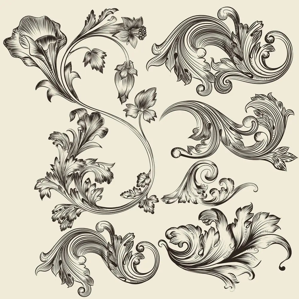 timbres vintage baroques motifs floraux ornements feuilles fleurs marron clair décoration artisanale scrapbooking