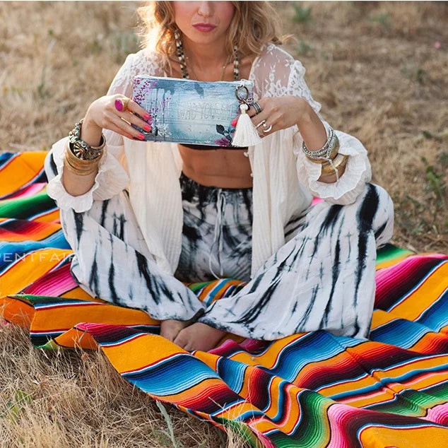 serviette plage multicolore rayures horizontales boho chic grande couverture pique nique voyage maison