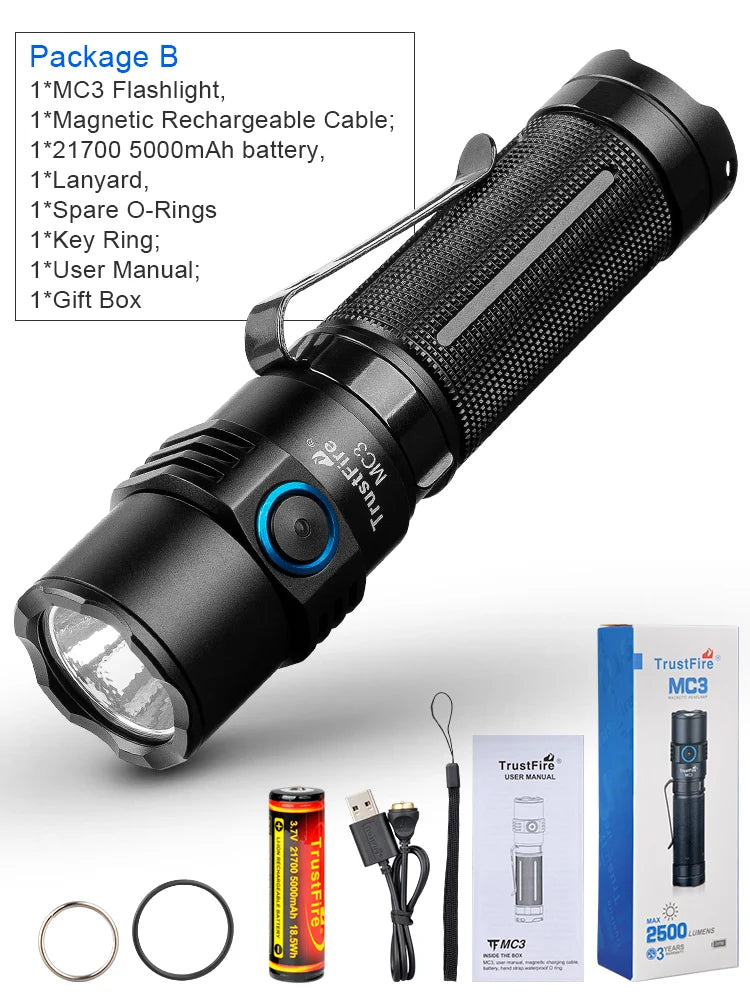 lampe torchon rechargeable ip68 2500 lumens led anti dérapante mode high medium low stroboscope