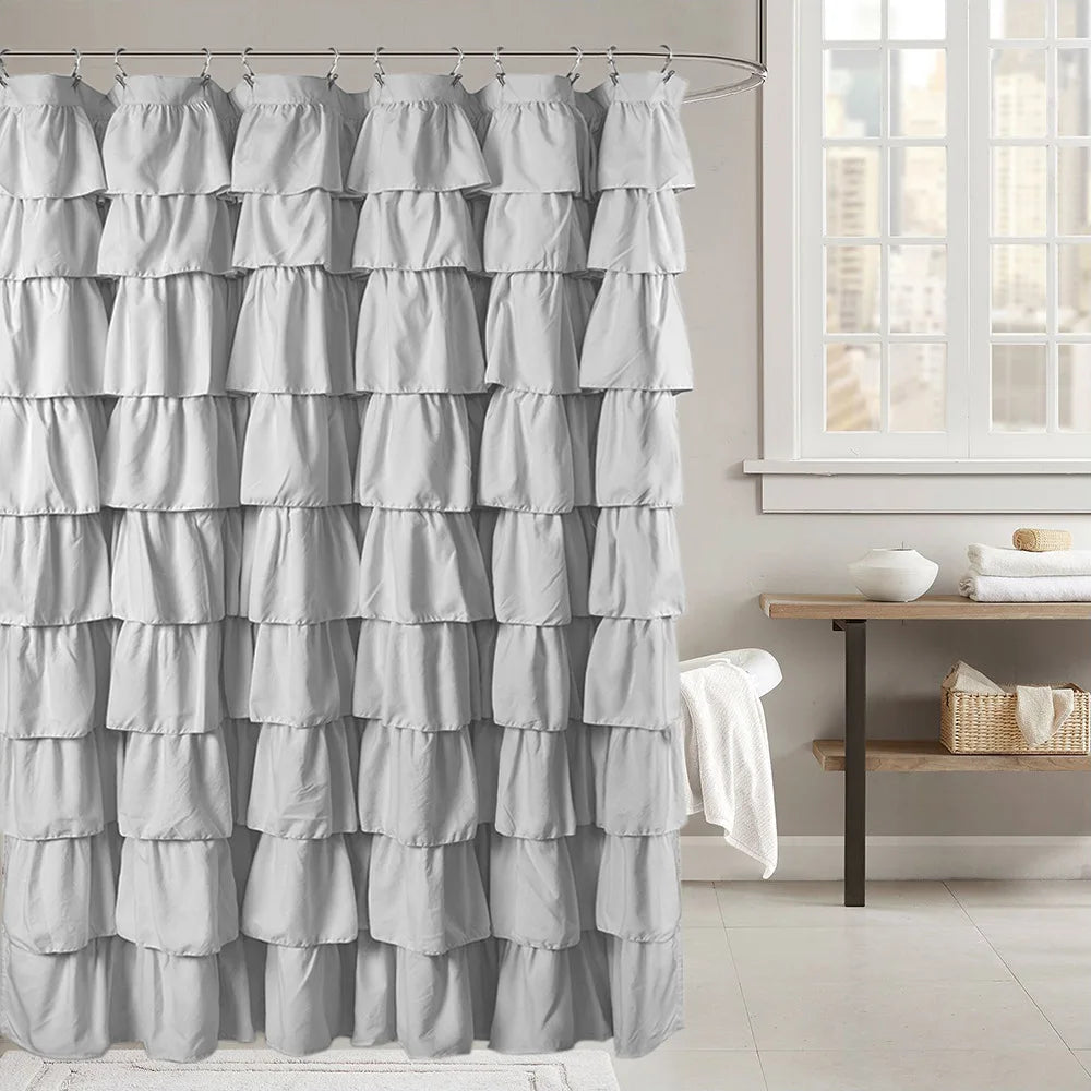 rideau douche rose gris blanc volants polyester classique opacité anneaux métalliques machine laver respectueux