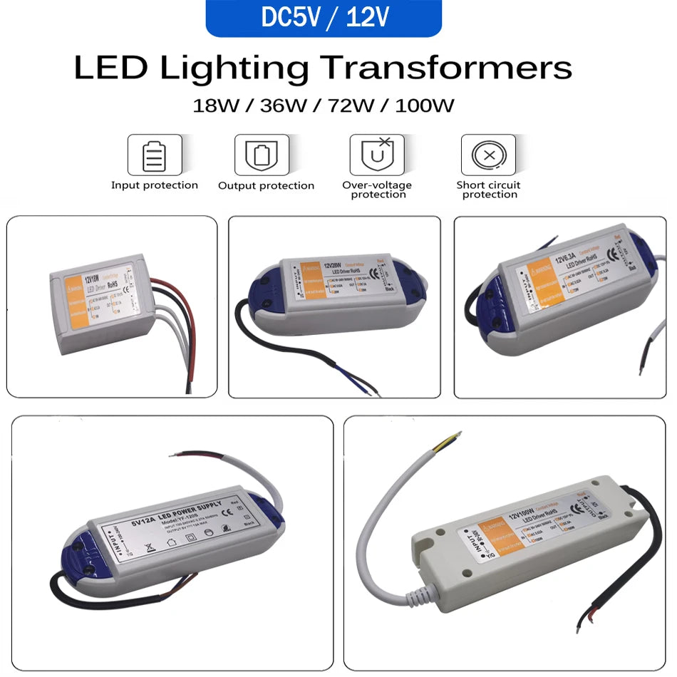 transformateurs led alimentation 5v 12v 60w 72w 100w câble adhésif blanc industrielle
