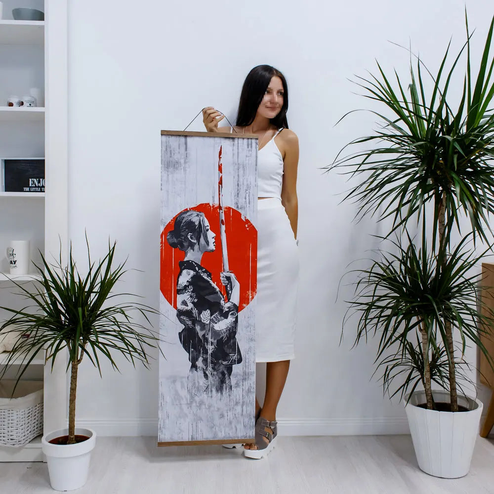 toile peinte art japonais femme épée fond texturé classique blanc noir rouge gris