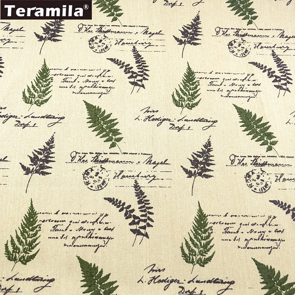 tissu vintage rustique fougères écriture manuscrite beige vert foncé noir décoration maison sac nappe