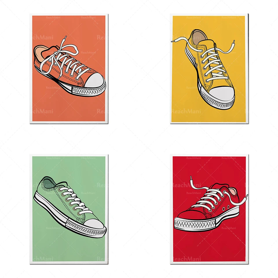 Des illustrations stylisées de différentes paires de chaussures de sport, chacune représentée avec une couleur vive et une ligne graphique épurée.