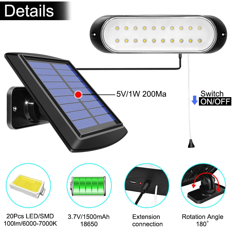 lampe solaire 20 led panneau séparable moderne interrupteur traction étanche 5m câble vis noires