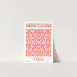 Illustration abstraite aux motifs de coeurs roses et oranges, avec le texte "Amourtoujours Paris" sur un fond blanc.