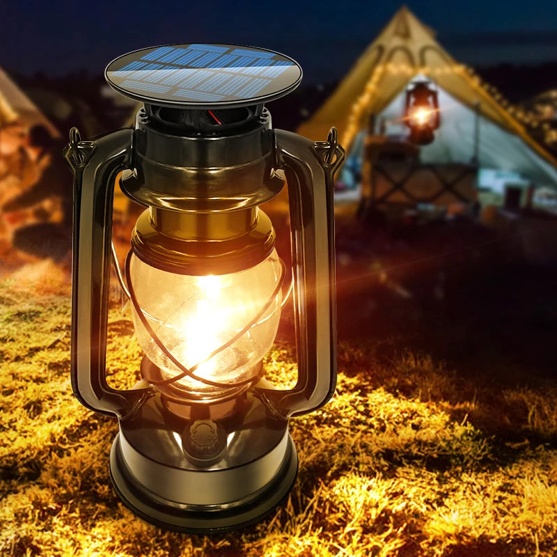 lanterne solaire vintage verre transparent métal noir camping extérieur led recharge usb