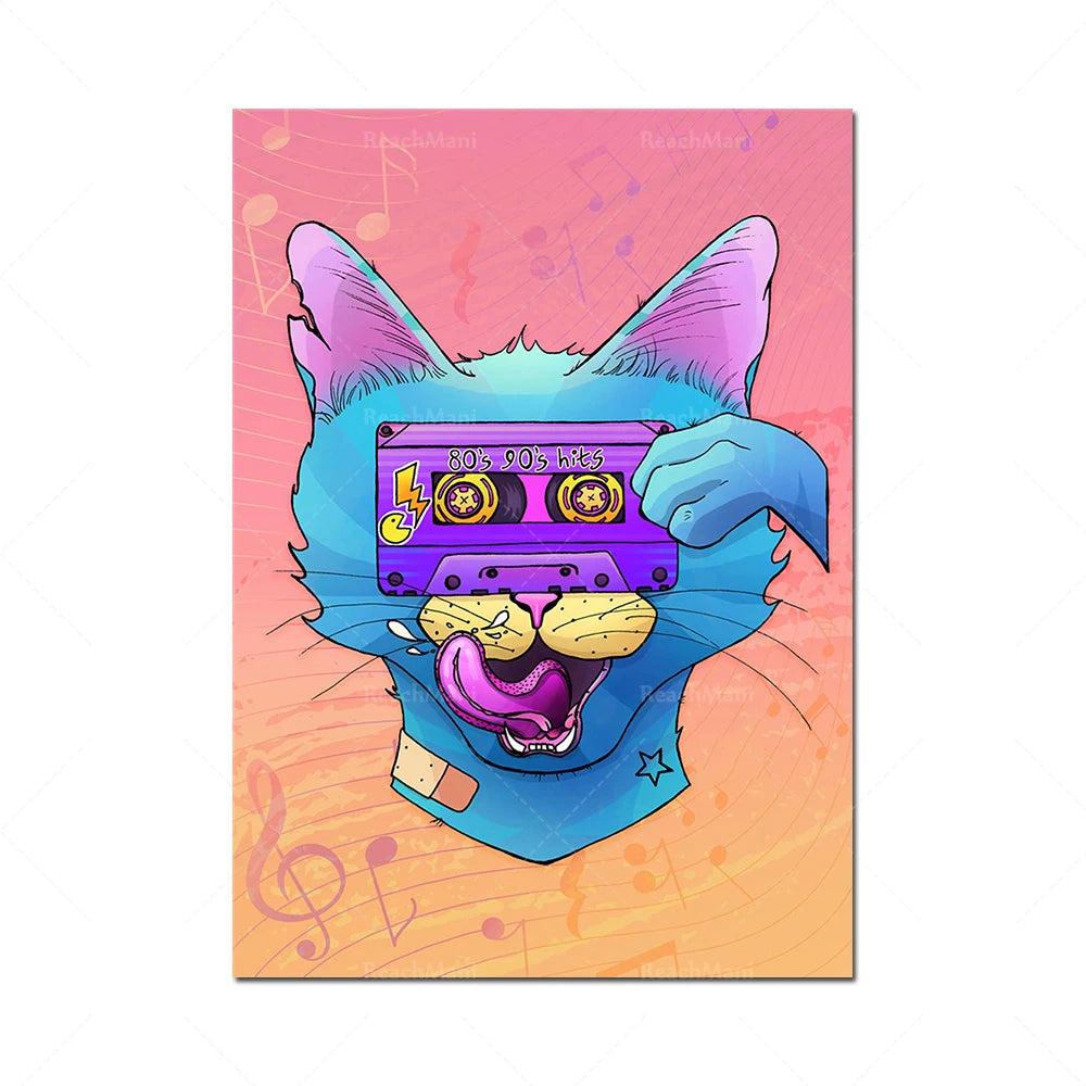 Le portrait coloré d'un chat écoutant de la musique rétro des années 80 et 90.
