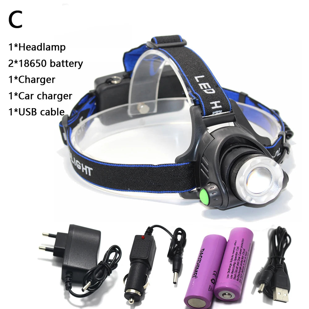 lampe frontale led rechargeable noir bleu vert rayures modernes pratique ceinture ajustable batteries chargeur