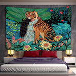 tapisserie murale animaux jungle tigre fleurs mystérieuses multicolore vert orange noir blanc decoration chambre