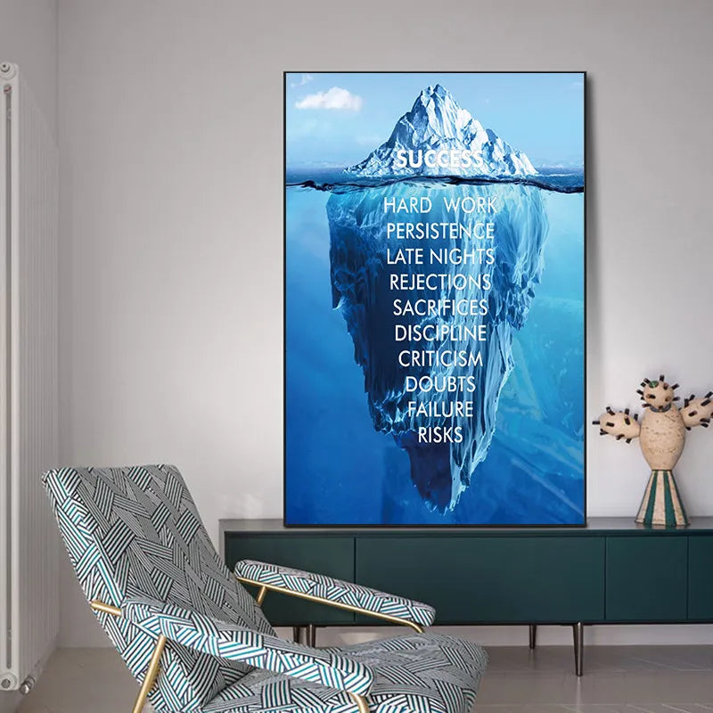 Cette image affiche une montagne de glace avec un texte décrivant les éléments qui mènent au succès, tels que le travail acharné, la persévérance, les sacrifices et la discipline.