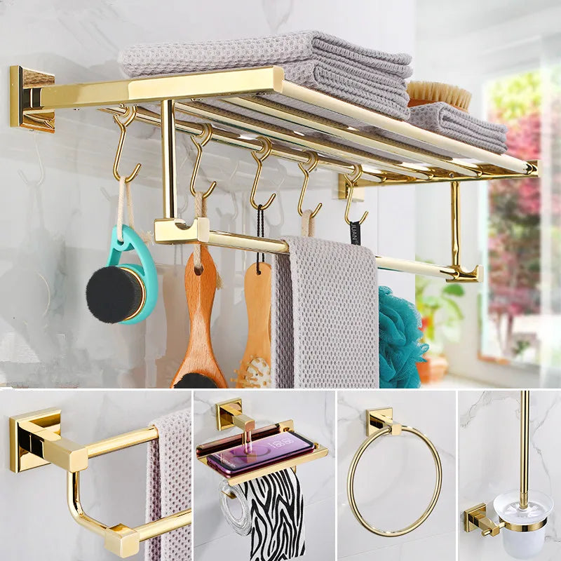 ensemble porte serviettes moderne salle bain doré fixations vis crochets serviettes