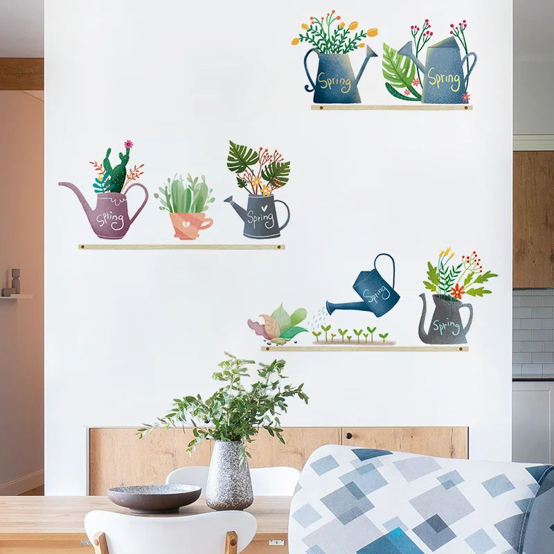 sticker mural auto adhésif arrosoir plantes fleurs aquarelle printanier chambre salon