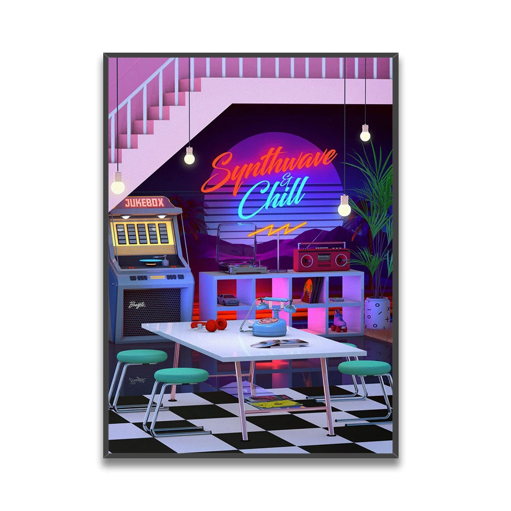 Un intérieur rétro-futuriste avec un jukebox, des éléments lumineux et des meubles de style années 80, créant une ambiance de détente et de fête.