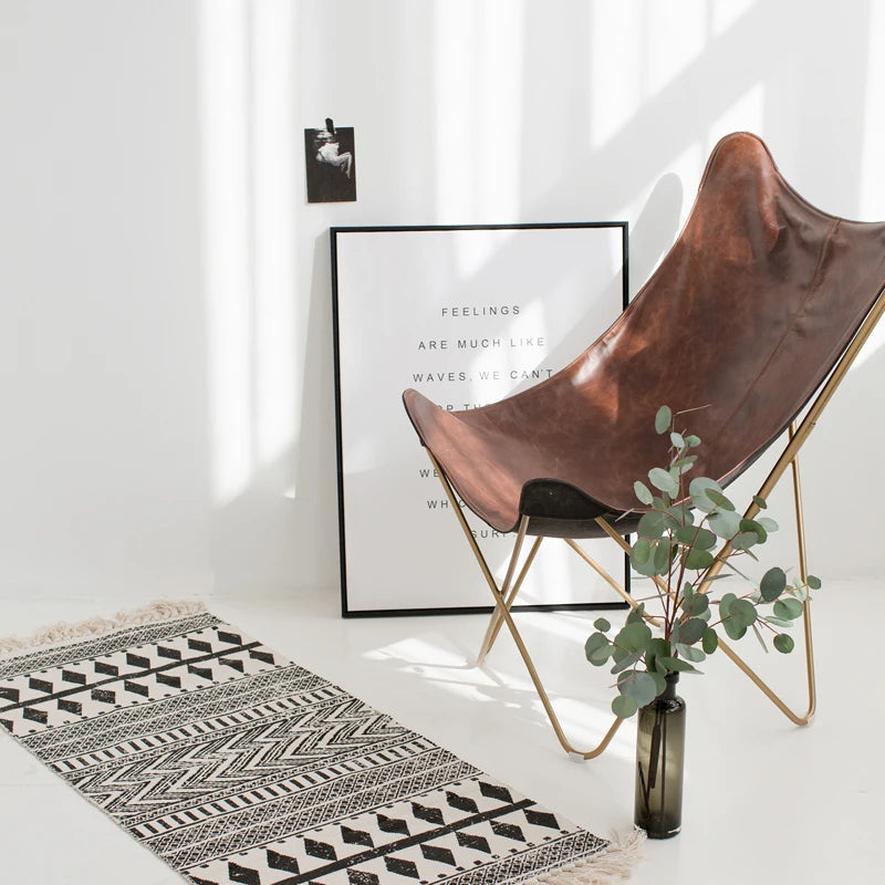 tapis géométrique boho beige noir triangles losanges antidérapant lavage machine main chambre salon prière