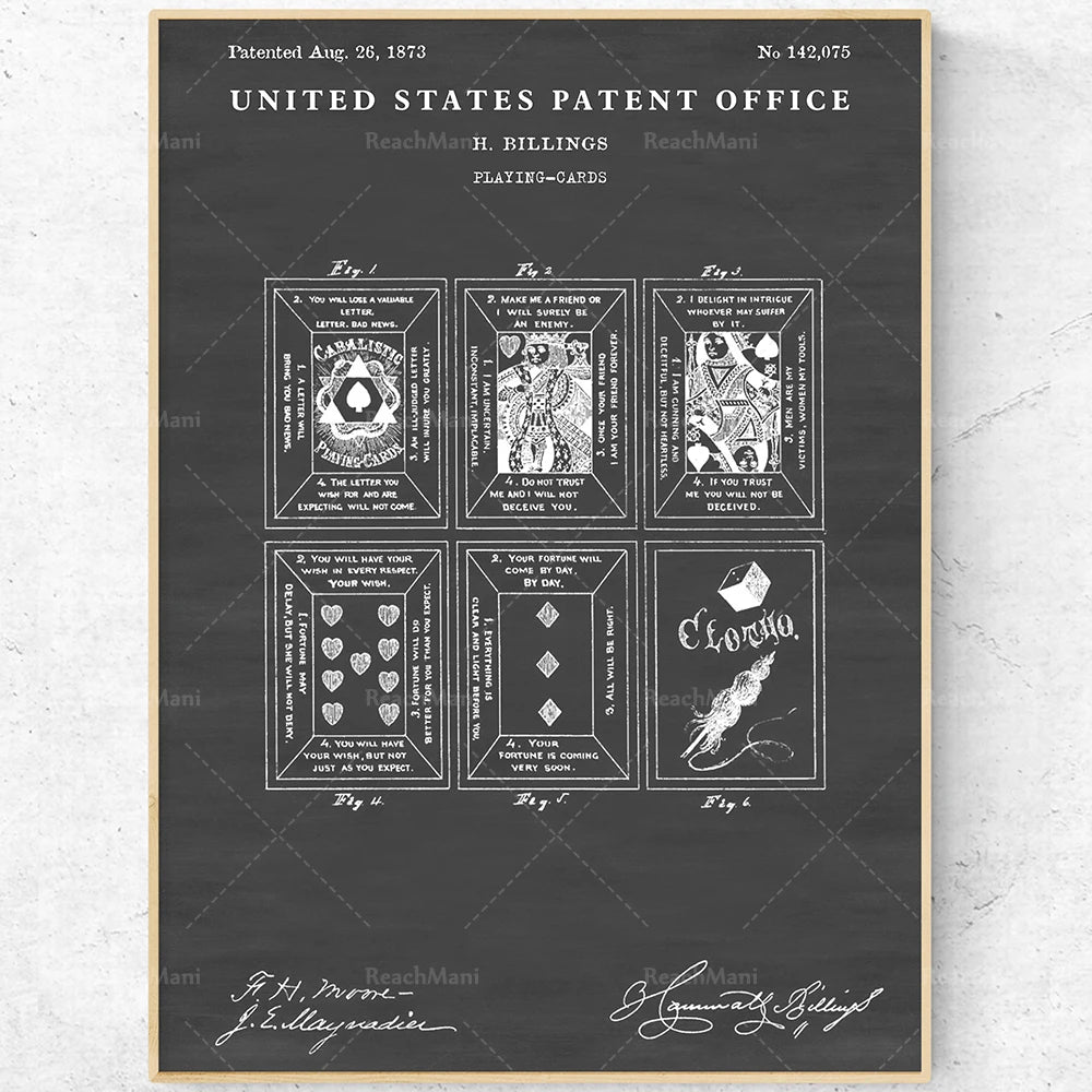 Cette image représente le brevet américain n° 142,075 pour les cartes à jouer de H. Billings, délivré le 26 août 1873. Le brevet contient des illustrations des différents modèles de cartes à jouer inclus dans l'invention, ainsi que des descriptions détaillées de leurs caractéristiques uniques.