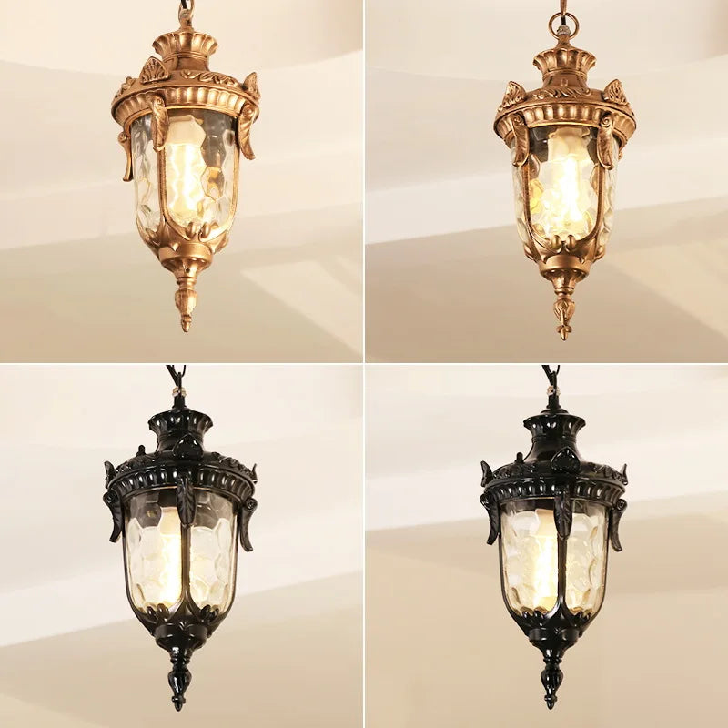 Lampe suspendue or noir verre translucide classique baroque chaîne texture métallique motif sculpté