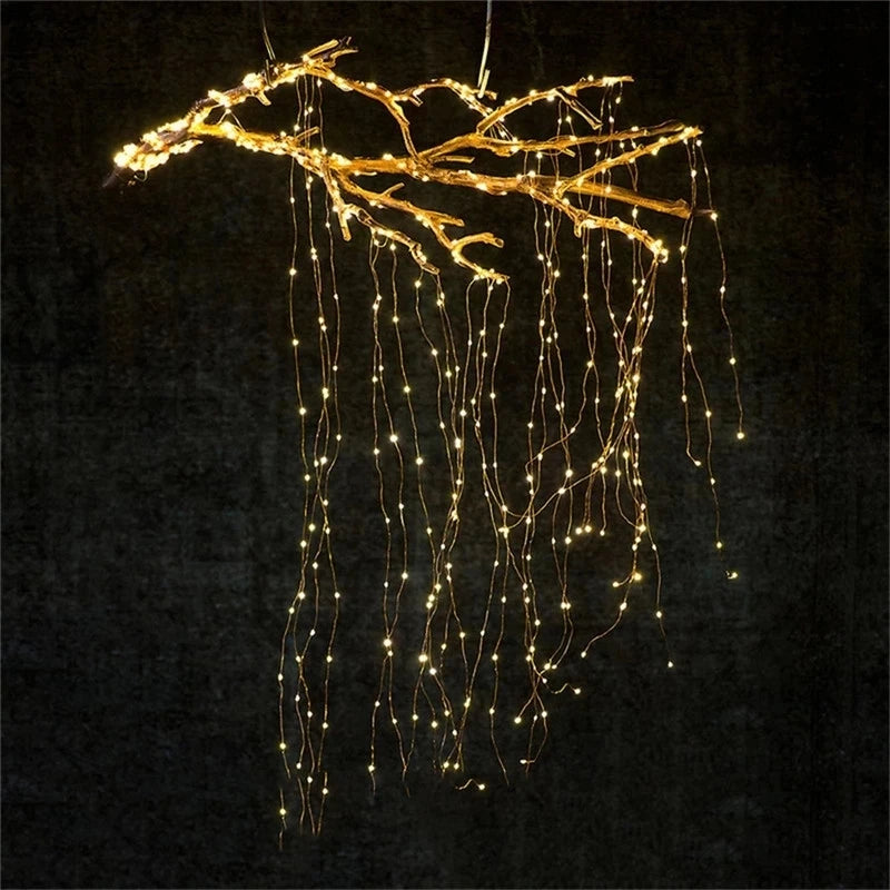 guirlande lumineuse solaire led jaune doré branches marron rustique suspension extérieure décoration jardin