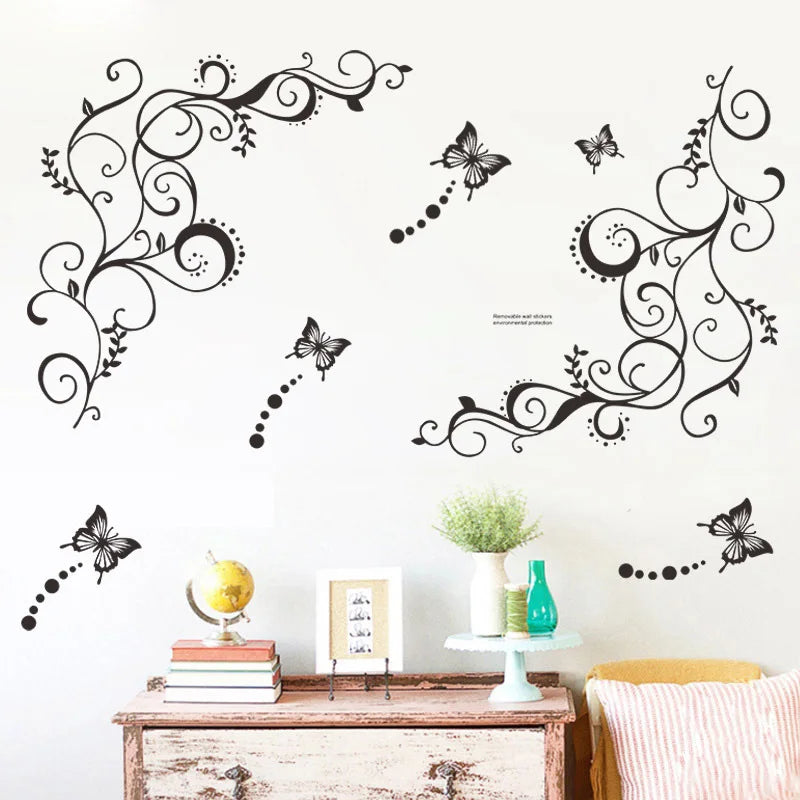 sticker mural floral papillons moderne adhésif noir decoration intérieure chambre salon amovible 70cm 60cm