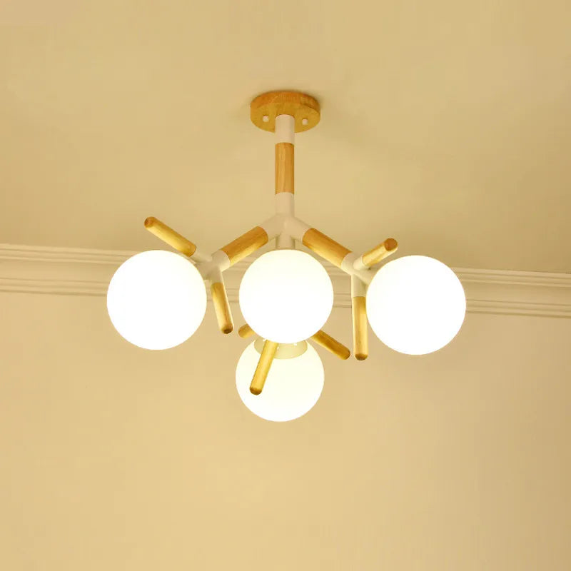 lampe suspendue moderne blanc bois sphères opaques scandinave chaines métallique