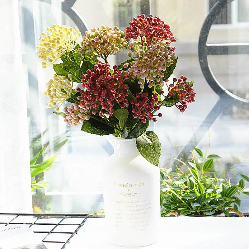 bouquet artificiel hortensia mariage rouge blanc vert naturel détaillé