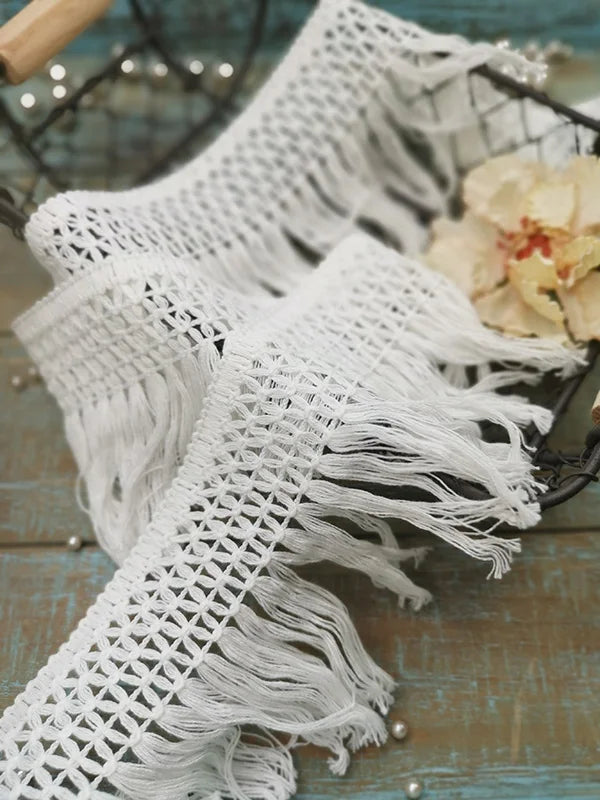 écharpe macramé franges coton blanc boho artisanal longueur 10cm 11cm 14cm