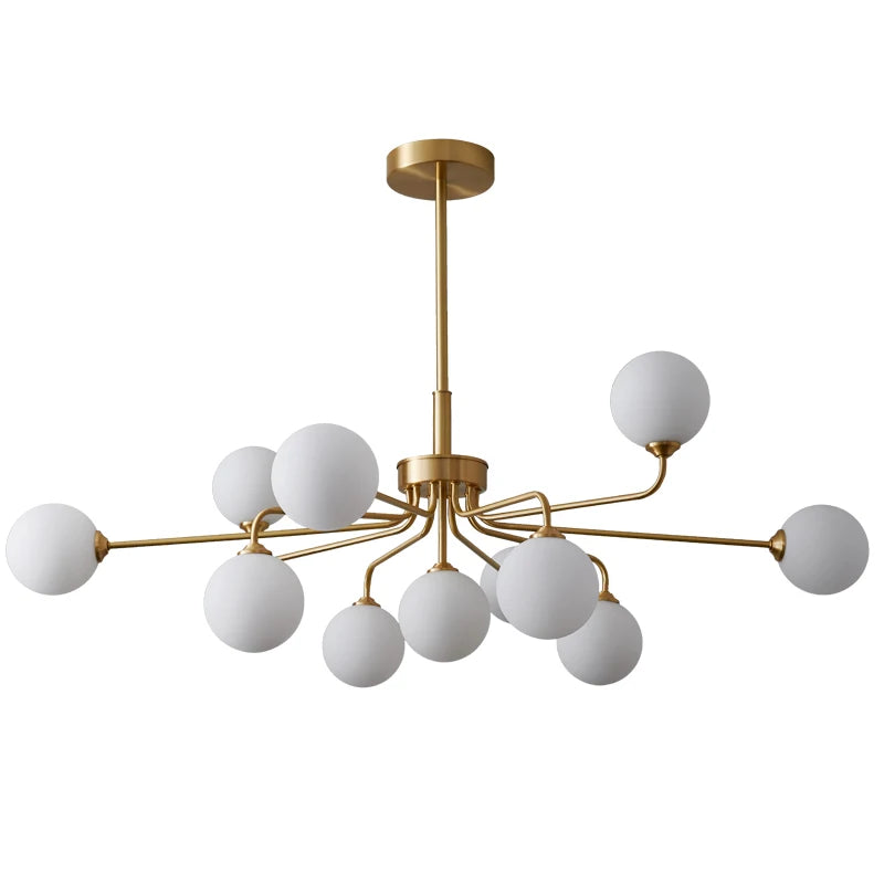 suspension lumineuse moderne or blanc sphères translucides structure métallique interrupteur tactile led