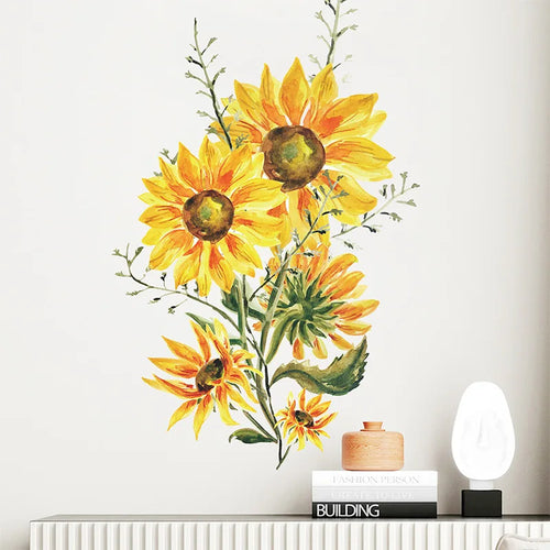 Stickers muraux tournesol fleurs jaune vert peinture aquarelle moderne chambre salon