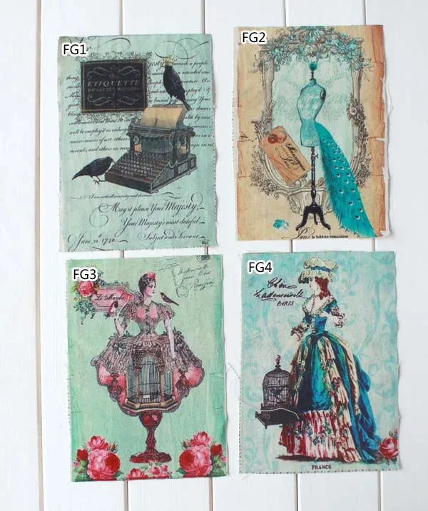 serviettes imprimées coton vintage oiseaux cages fleurs lettrage ancien vert bleu rouge beige