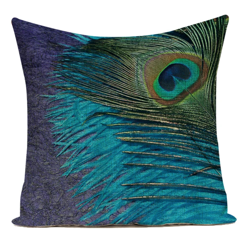 housse coussin carrée décorative motif paon bleu vert violet canapé salon moderne