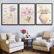 tableaux decoratifs fleurs modernes beige rose blanc doré trois pieces cadres