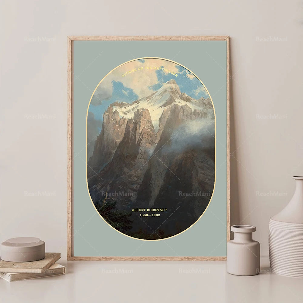 Une illustration panoramique représentant un paysage montagneux enneigé sous un ciel nuageux.