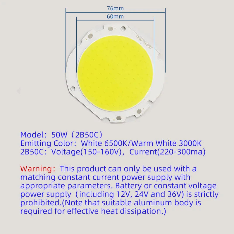 ampoule led chip blanc jaune grille points 76mm 60mm circulaire 50w 6500k 3000k