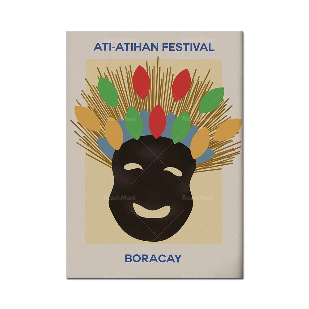 Affiche colorée de l'Ati-Atihan Festival, célébration populaire à Boracay, mettant en scène un masque souriant aux plumes multicolores.