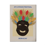 Affiche colorée de l'Ati-Atihan Festival, célébration populaire à Boracay, mettant en scène un masque souriant aux plumes multicolores.
