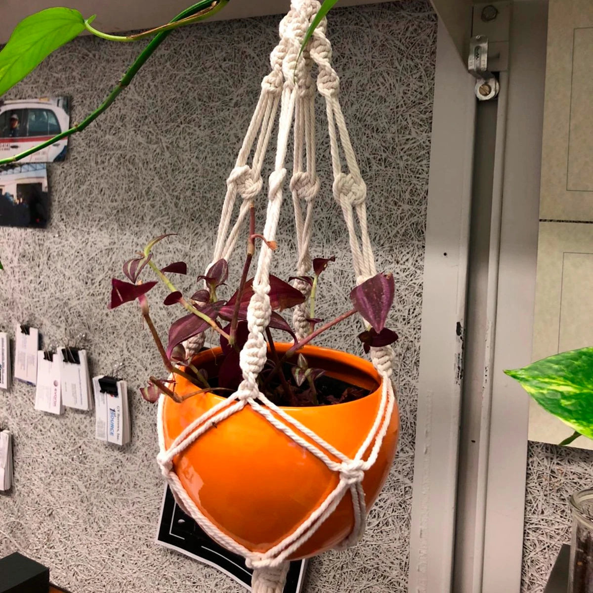 plante suspendue macramé décoratives boho artisanale pot fleur blanc anneaux métalliques decoration murale cour