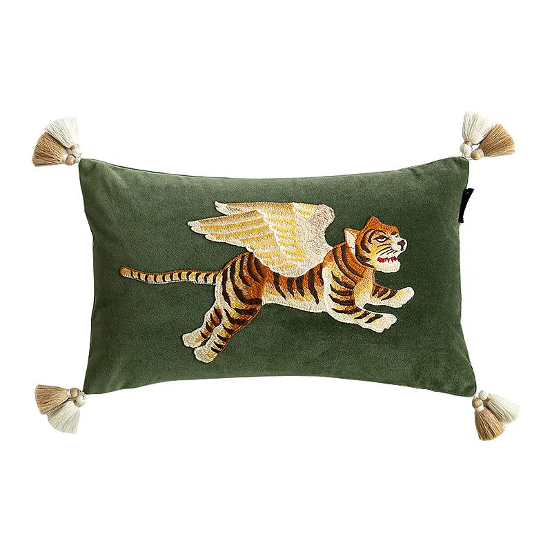 coussin carré vert foncé monogramme blanc velours tassel beige moderne brodé environnemental taie d'oreiller