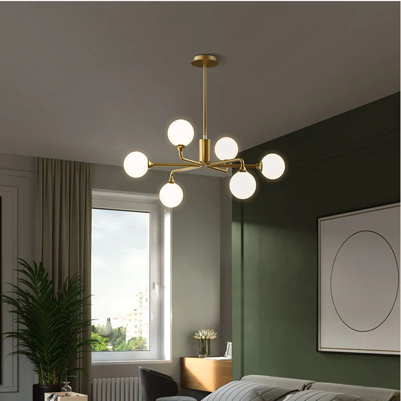 suspension lumineuse moderne or blanc sphères translucides structure métallique interrupteur tactile led
