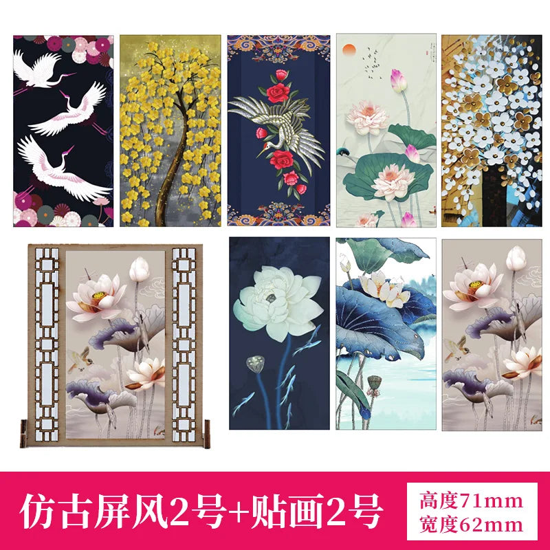 écran vintage bois chinois fleurs calligraphie stickers traditionnel intérieur décoration artisanale miniature