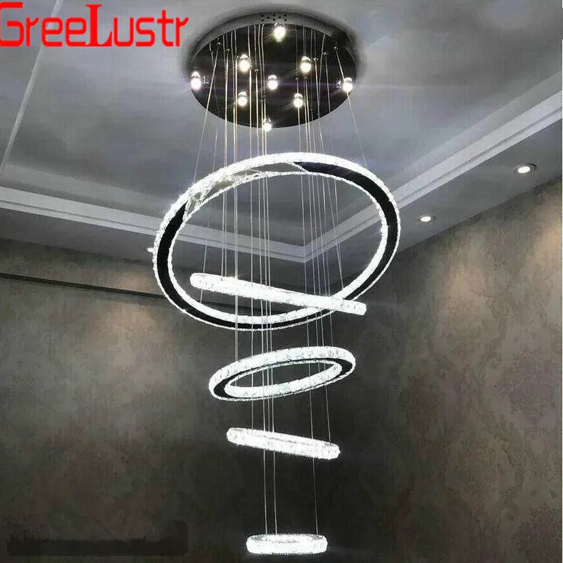 suspension lumineuse moderne anneaux cristal poli blanc doré strass haute luminosité télécommande