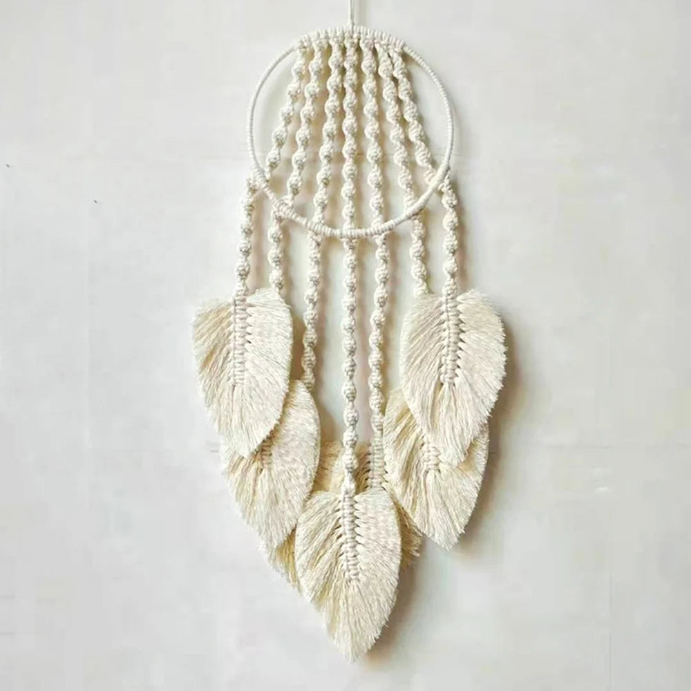 décoration murale boho dreamcatcher gris plumes macramé artisanal decoration