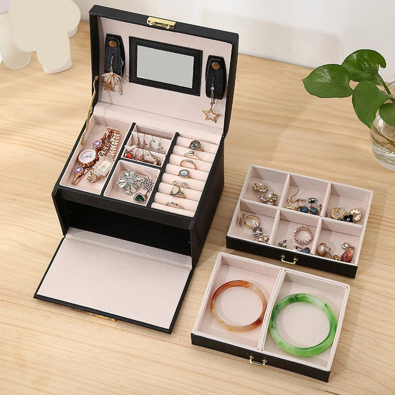 boîte bijoux rose pâle blanc noir miroir compartiments bracelets boucles oreilles bagues montres portable