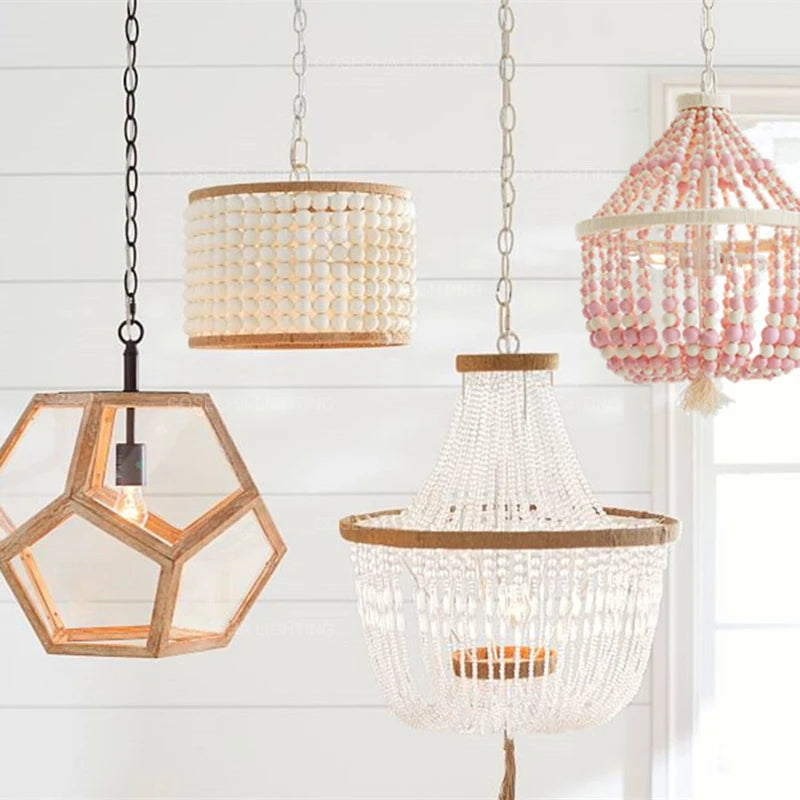 suspension lumineuse moderne bois blanc rose beige métallique chambre enfant