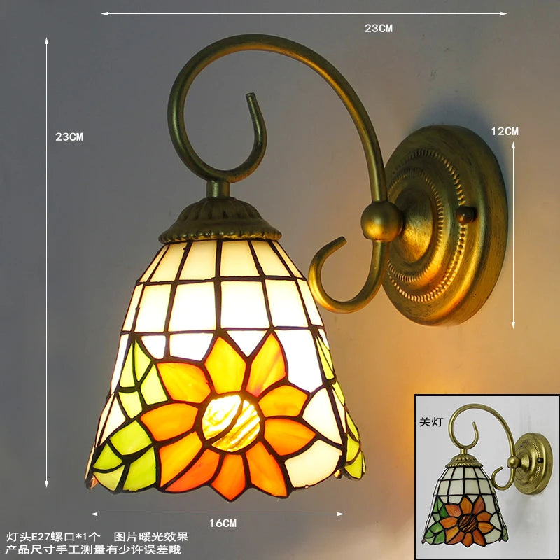 Applique murale Tiffany fleur stylisée or jaune vert blanc bleu chambre salle manger led