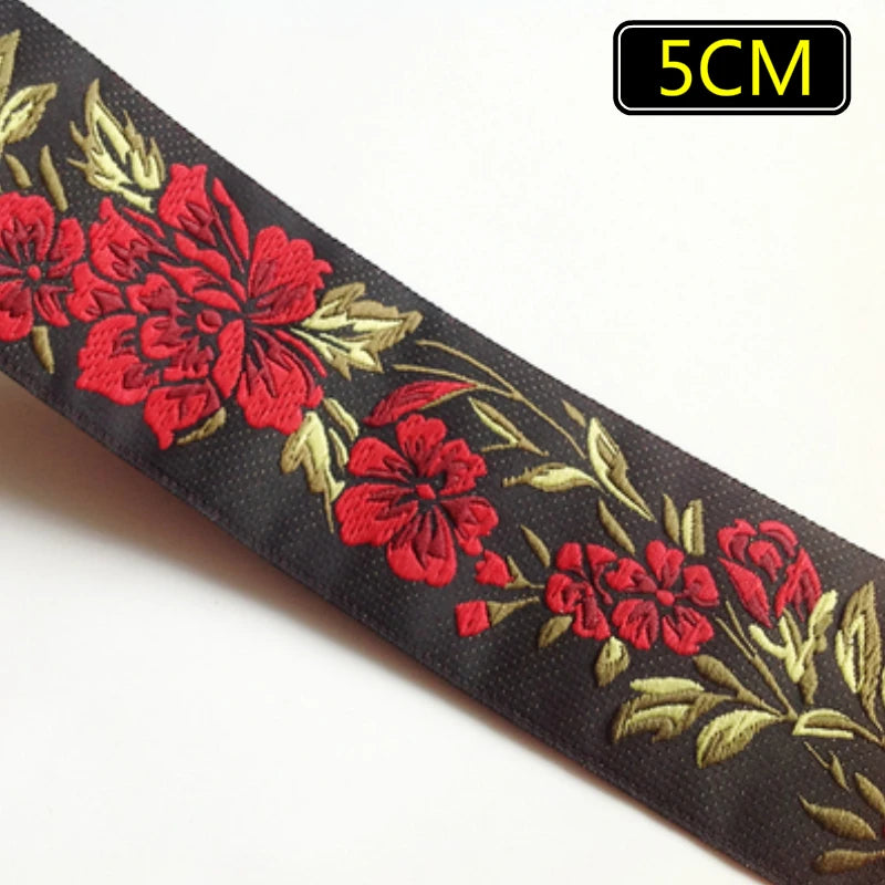 ruban polyester fleurs brodées noir rouge vert 2cm 3.3cm 5cm opacité broderie 5mètres tissu